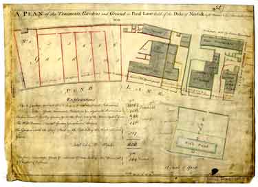 A plan of the Tenements, Gardens and Ground in Pond Lane held of the Duke of Norfolk by William Webster and by T. Marshall and E. Challoner, [1775]