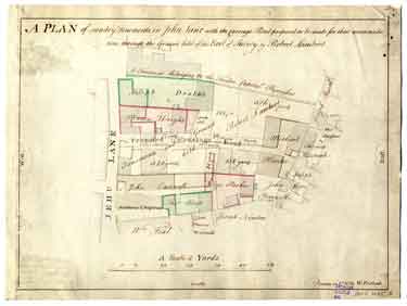 A plan of sundry Tenements in Jehu Lane with the Carriage Road proposed to be made for their accommodation through the Ground held of the earl of Surrey by Robert Lambert
