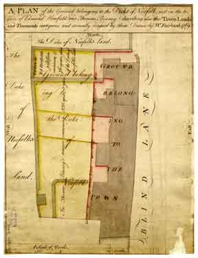 A plan of the ground belonging to the Duke of Norfolk, and in the tenure of Edmund Howfield and Thomas Binney, describing also the Town lands and tenements contiguous and severally occupied by them