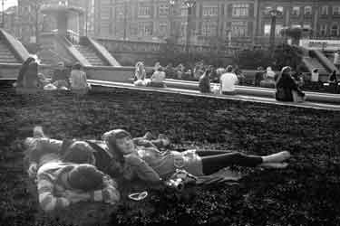 Lunch time in the Peace Gardens with  Pinstone Street in the background
