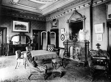 The Dining Room at Endcliffe Hall. The chimney piece was made of marble and bronze. Supplied by Joseph Hadfield, Norfolk Lane Marble Works. The ornate plaster ceiling was the work of Charles Green. The upholstered pieces were covered in green morocco