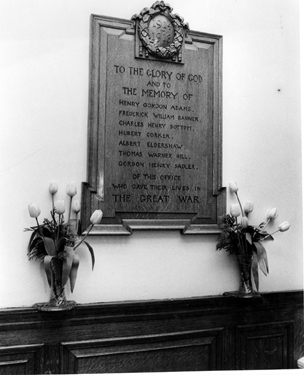 War Memorial in the Town Hall to the memory of the men who lost their lives in WWI