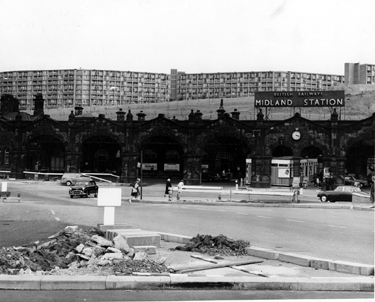 Sheffield Midland railway station, Sheaf Street from Sheaf Square roundabout with Park Hill Flats in the background