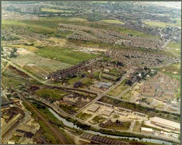 Aerial view showing Weedon Street (extreme left) from the bottom River Don; Meadowahall Road; Jenkin Road and Brightside Nursery First School; Tyler Street running parallel to Meadowhall Road and housing on Wincobank Hill