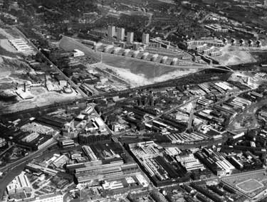 Aerial view of (top) Woodside and Pye Bank Flats and maisonettes, Pitsmoor and (bottom) Neepsend