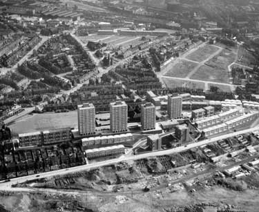 Aerial view of (bottom) Woodside and Pye Bank Flats and maisonettes, Pitsmoor