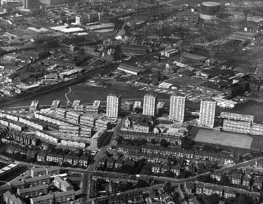 Aerial view of (bottom) Woodside and Pye Bank Flats and maisonettes, Pitsmoor