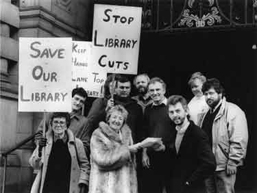 Handing in of petition and protest at the Town Hall against the closure of Lane Top Library