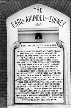 Wall plaque for Earl of Arundel and Surrey public house, No. 528 Queens Road, junction of Bramall Lane and Harrington Road  
