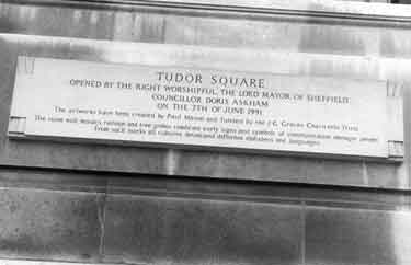 Plaque on Graves Art Gallery and Central Library building, Surrey Street, commemorating the opening of Tudor Square by Lord Mayor, Councillor Doris Askham 