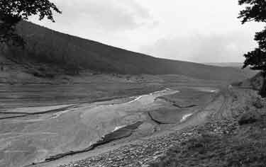 Ladybower Reservoir during the drought, revealing the Snake Valley 
