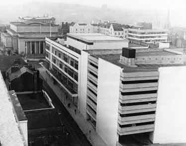 View from the Grosvenor House Hotel showing the City Hall, Barkers Pool and Cole Brothers (latterly John Lewis) on Cambridge Street side 