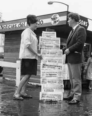 Football World Cup 1966: Newspaper kiosk displaying newspapers from different countries