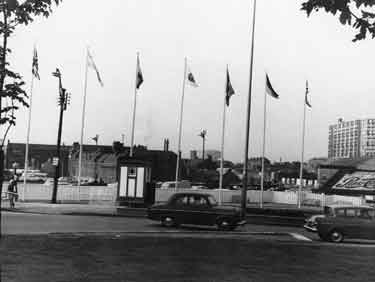 Football World Cup 1966: Flag poles outside Sheffield Midland railway station, Sheaf Street