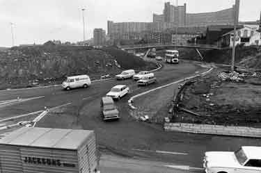 Sheaf Street / Commercial Street (latterly known as Park Square) roundabout under construction (Park Hill flats in background)