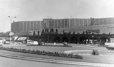 Sheffield Midland railway station from Sheaf Square with Park Hill flats in the background