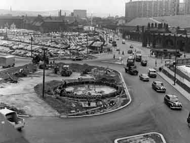 Construction of Sheaf Square roundabout looking towards Sheaf Street and Sheffield Midland railway station and Park Hill flats (right) 