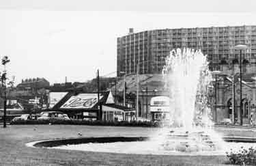 Sheaf Square roundabout and fountain, looking towards Sheffield Midland railway station and Park Hill Flats