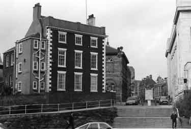 Leader House (left), and the Central Library (right), Surrey Street with steps up from Arundel Gate