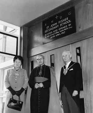 Opening of St. John Fisher Roman Catholic Secondary School, Springwater Avenue by Right Reverend William Gordon Wheeler (centre) showing the Lord and Lady Mayoress Alderman Lionel Stephen Edward Farris JP and Mrs.Lily Graham