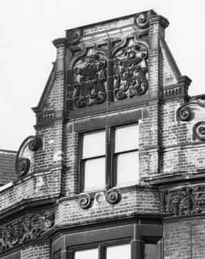 Carved stonework decoration on a building at junction of Church Street and Townhead Street prior to demolition in 1977