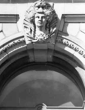 Carved stonework on front of Sheffield Water Works Company offices, Division Street, later became Transport Offices (known as Cambridge House), 