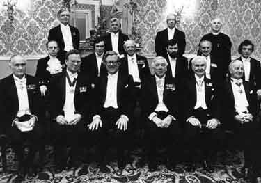 Principal guests at the Cutlers Feast, Cutlers Hall, Church Street, showing Geoffrey Howe, Chancellor of the Exchequer (front row, third left)