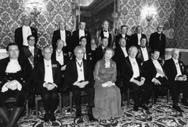 Principal guests at the Cutlers Feast, Cutlers Hall, Church Street, showing Margaret Thatcher, Prime Minister (front row, fourth left)