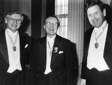 Guests at the Cutlers Feast, Cutlers Hall, Church Street, showing (left to right) Derek Bray (Junior Warden of the Cutlers Company); Ian Porter (Master Cutler) and Peter Lee (Senior Warden) 