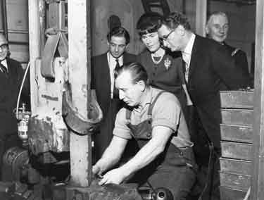 Visit of the Lord Mayor, Lionel Stephen Edward Farris JP (far right) and the Master Cutler, A.B.Hampton (second right) to Viners Ltd, electro plate manufacturers, Broomhall Street and Clarence Street