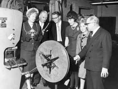 Visit of the Lord Mayor, Lionel Stephen Edward Farris JP (second left), the Lady Mayoress, Mrs Lily Graham. (first left) and the Master Cutler, A.B.Hampton (third left) to Viners Ltd, electro plate manufacturers, Broomhall Street and Clarence Street 