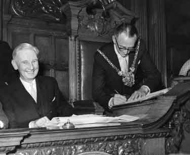 Installation of the Lord Mayor, Alderman Harold Lambert, Council Chamber, Town Hall showing (left) the previous Lord Mayor, Alderman Lionel Stephen Edward Farris, JP