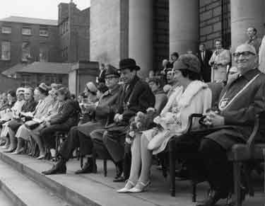 Lord Mayor, Alderman John Stenton Worrall, JP (sitting in bowler hat) and the Lady Mayoress at the Sheffield Festival parade outside the City Hall, Barkers Pool