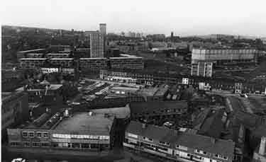 View from Lansdowne Flats across the Broomhall Flats Development towards the University Arts Tower (back left) and St. George's C. of E. Church (back right) showing Moore Street electricity sub-station (right) 
