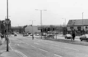 New road junction at Greenland Road and Prince of Wales Road (top left), Darnall showing Prince of Wales Road railway bridge (left)