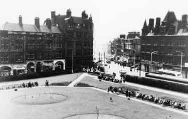 Peace Gardens showing (right) Stewart and Stewart Ltd., tailors, Nos. 48-62 Pinstone Street (top left) and St. Paul's Parade (left)