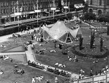 Peace Gardens showing orange tent for the Sheffield Spectacular and (back) Pinstone Street including Mac Markets Ltd  (Nos.30-34)