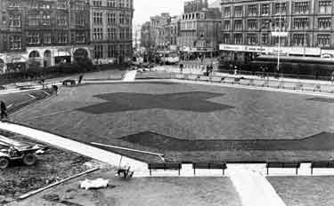 Reconstruction work on the Peace Gardens showing St. Paul's Parade (top left) and Pinstone Street (top right)