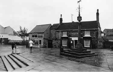 Market Square, Woodhouse showing (l.to r.) Harrisons, butchers and the Cross Daggers Restaurant (No.14)