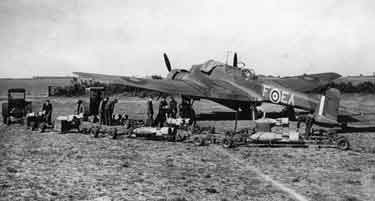 No.49 Squadron Handley Page Hampden aircraft seen here being bombed up