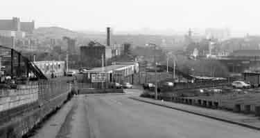 View of Sheffield City Centre from Pitsmoor Road showing IMO car wash, Swinton Street (centre and left)