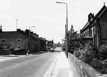 Manchester Road, Stocksbridge showing (left) New Inn and (right) St. Matthias C.of E. Church