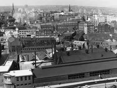 View of the City Centre from Park Hill Flats showing (centre) the Odeon Cinema, Pond Hill; (left) St.Maries RC Cathedral and (bottom) Ponds Forge