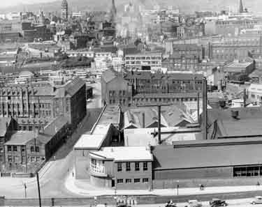 View of City Centre from Park Hill flats showing (bottom) George Senior and Sons Ltd., steel manufacturers, Ponds Forge, Sheaf Street and (left) Council Housing Department Offices, (formerly Joseph Rodgers and Sons Ltd,), River Lane Works (centre) 