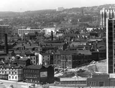View of (bottom) Pond Street showing (l.to r.) Howard Hotel, No. 57 Howard Street and Sheffield Wholesale Linoleum Co. 