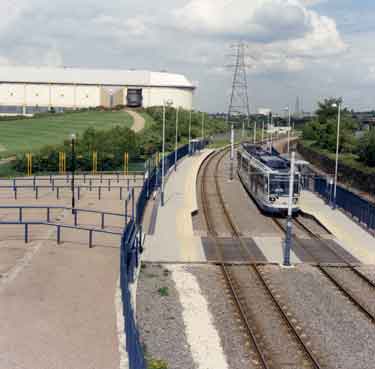 Supertram No.7 at the Sheffield Arena (top left) - Don Valley Stadium stop, Attercliffe 