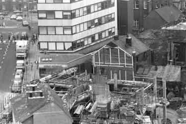 Construction of Orchard Square Shopping Centre showing Leopold Street (left) and Abbey National Building Society, Abbey House (centre) -