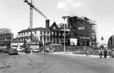 Construction of Orchard Square Shopping Centre showing Leopold Street (left) and Fargate and the Goodwin Fountain (right)