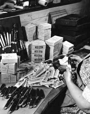 Pocket and pen knives being packed for export, Joseph Rodgers and Sons Ltd. River Lane Works at the junction of Sheaf Street and Pond Hill,
