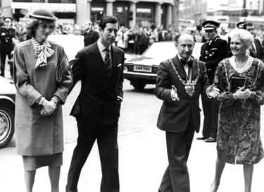 The Prince and Princess of Wales visiting the Town Hall, Pinstone Street showing (right) the Lord Mayor, Councillor Peter Jones and the Lady Mayoress